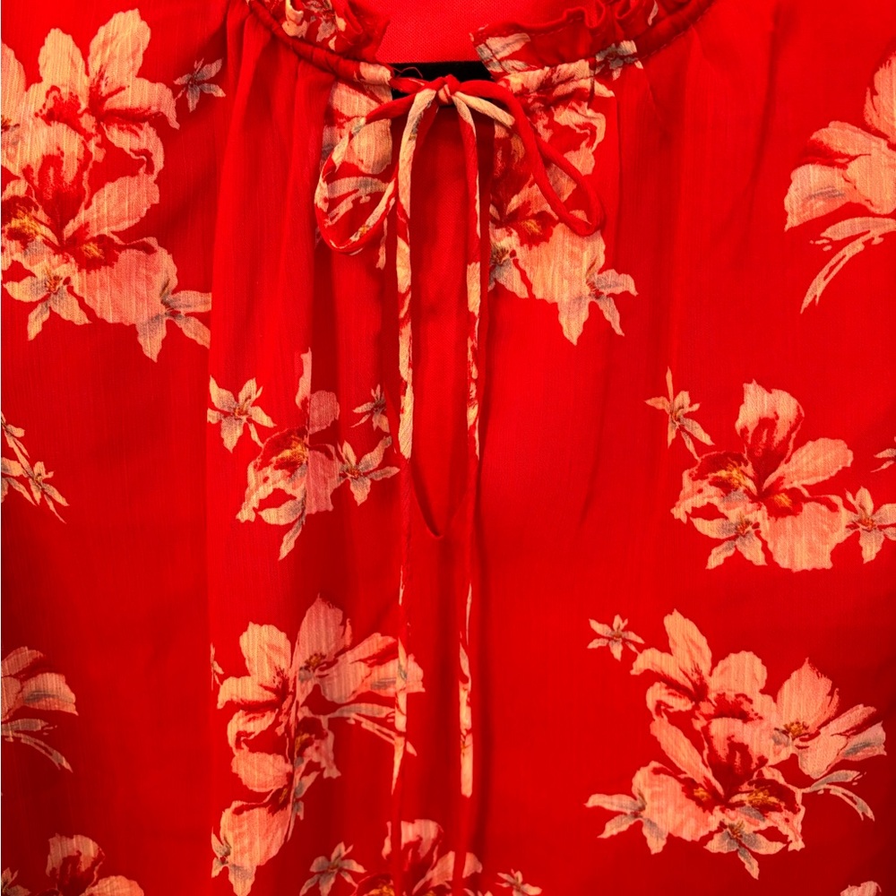 CeCe Red Floral Ruffle Tie Neck Sheer Blouse Size Large Romantic Boho Top - Picture 4 of 9